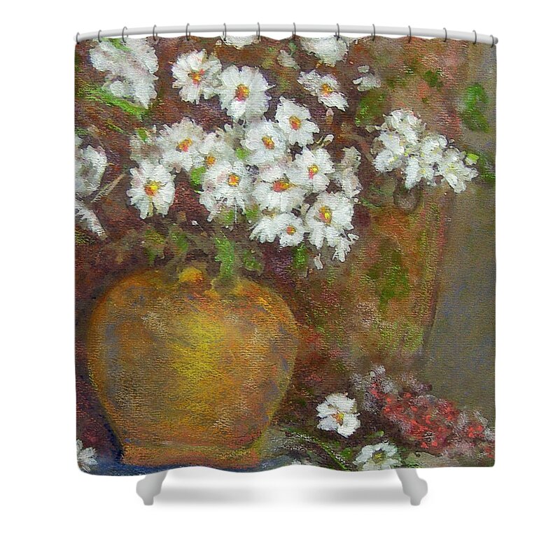 Acrylics Shower Curtain featuring the painting Gold Bowl and Daisies by Richard James Digance