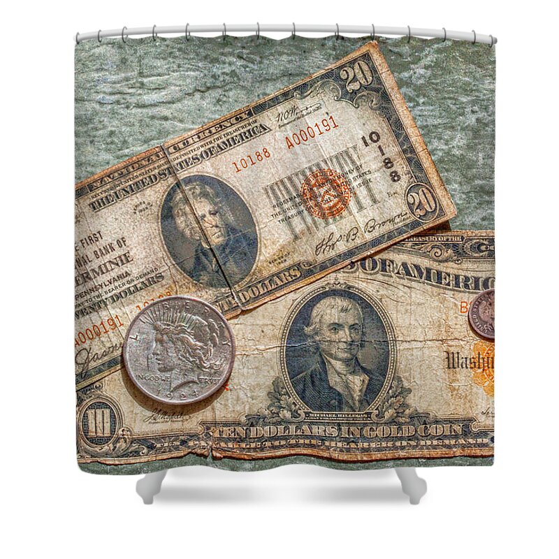 Gold Certificate And Silver Coins Shower Curtain featuring the photograph Gold Certificate and Silver Coins Ver 2 by Randy Steele