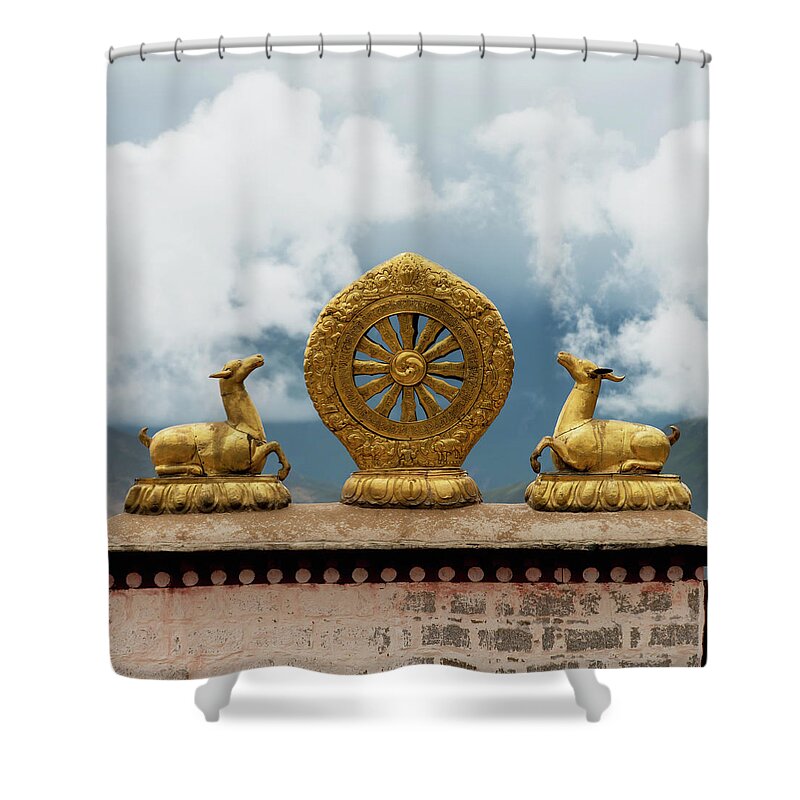 Chinese Culture Shower Curtain featuring the photograph Gold Religious Symbols On Top Of A Wall by Keith Levit / Design Pics