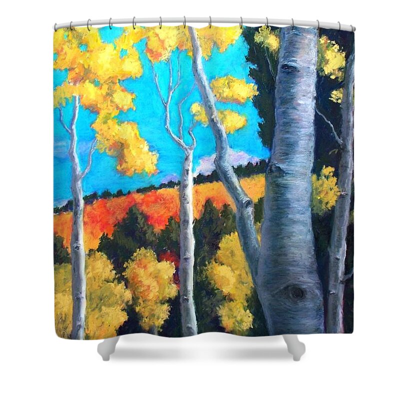 Plein Air Shower Curtain featuring the painting Golden Aspens Turquoise Sky by Marian Berg