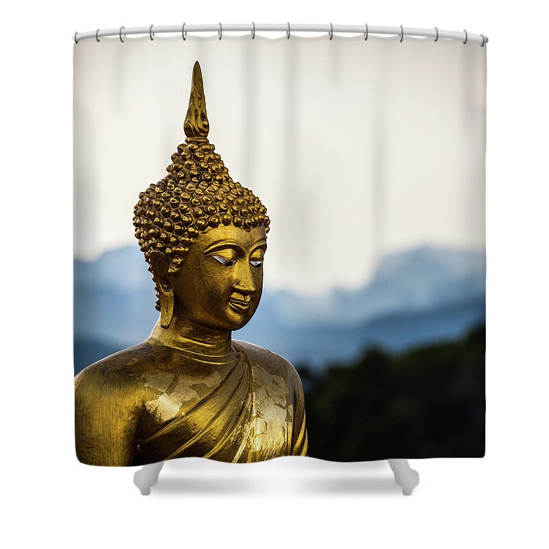 Statue Shower Curtain featuring the photograph Golden Buddha Statue, Thailand by Moreiso