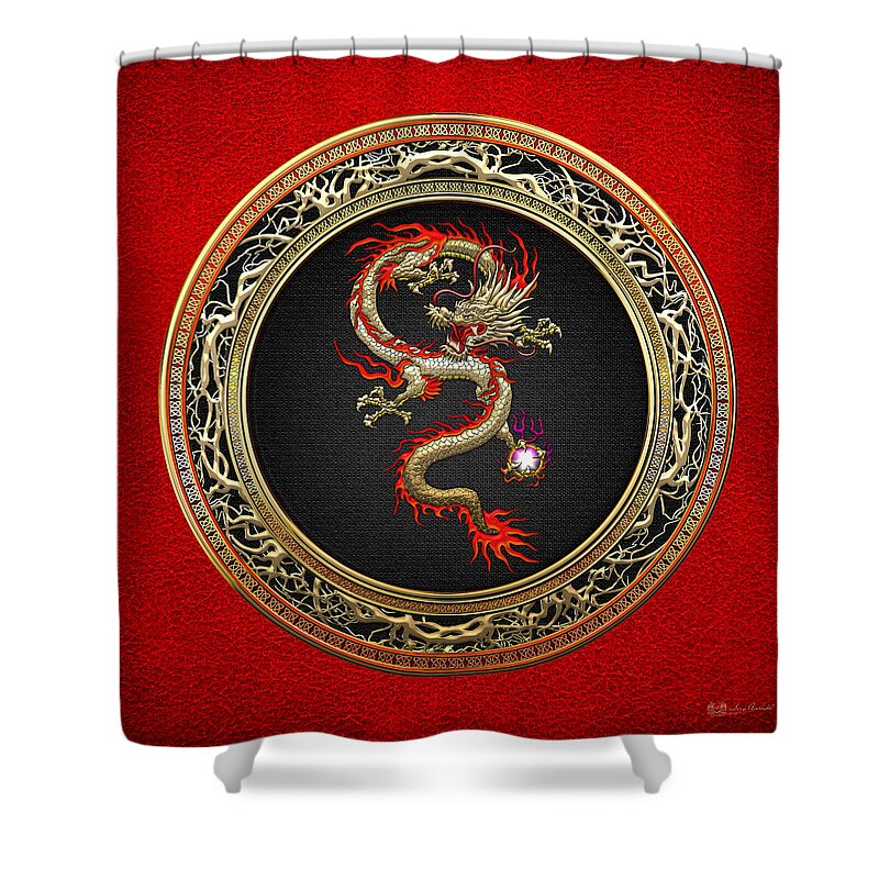 'treasure Trove' By Serge Averbukh Shower Curtain featuring the digital art Golden Chinese Dragon Fucanglong by Serge Averbukh
