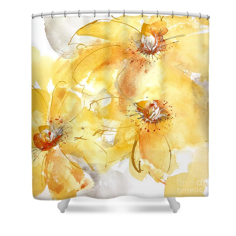 Original Watercolors Shower Curtain featuring the painting Golden Clematis 2 by Chris Paschke
