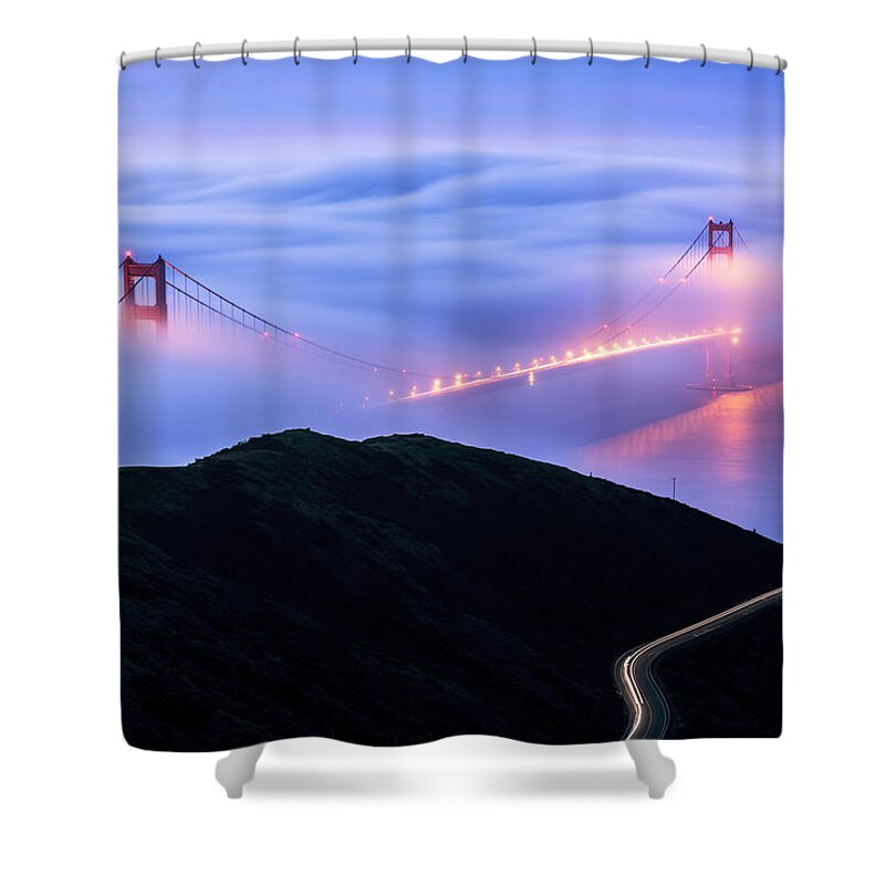 Golden Gate Shower Curtain featuring the photograph Golden by Dustin LeFevre
