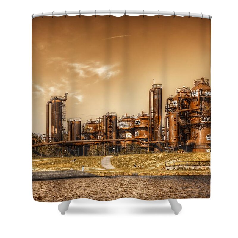 Seattle Shower Curtain featuring the photograph Golden Gas Works by Spencer McDonald
