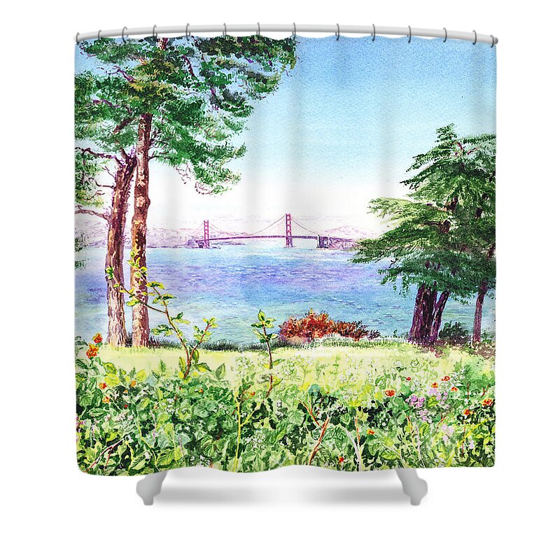 Lincoln Shower Curtain featuring the painting Golden Gate Bridge View From Lincoln Park San Francisco by Irina Sztukowski