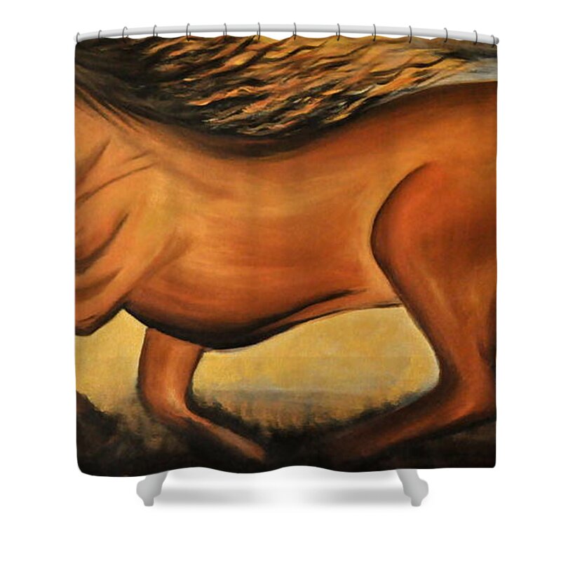 Horse Shower Curtain featuring the painting Golden Horse by Preethi Mathialagan