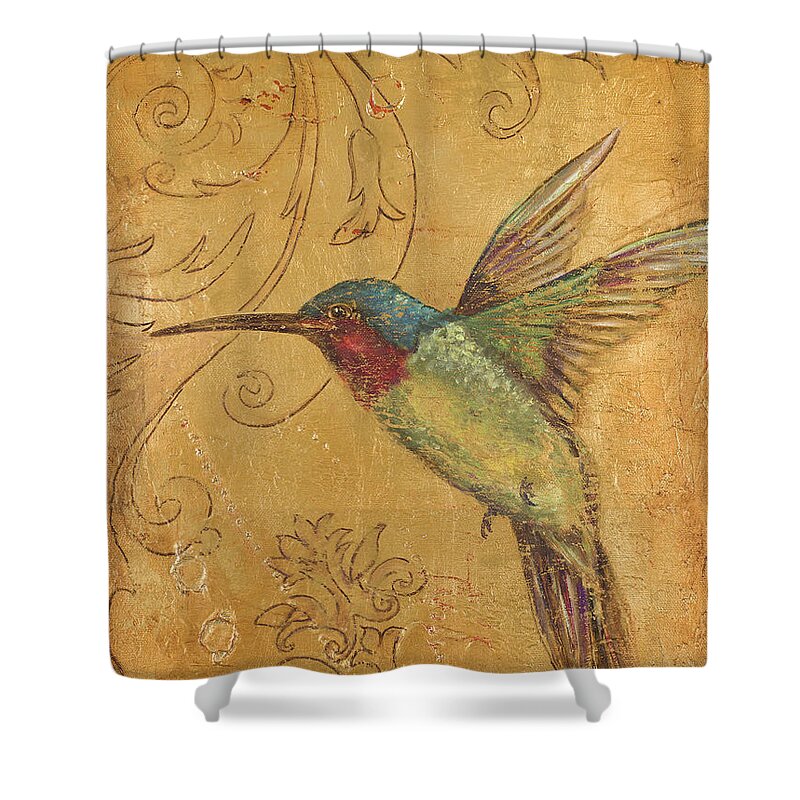 Hummingbird Shower Curtain featuring the painting Golden Hummingbird II by Patricia Pinto