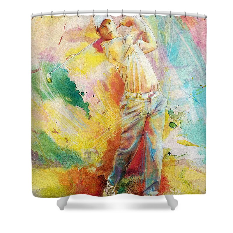 Sports Shower Curtain featuring the painting Golf Action 01 by Catf