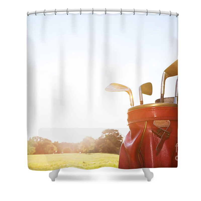 Golf Shower Curtain featuring the photograph Golf equipment Professional clubs on golf course by Michal Bednarek