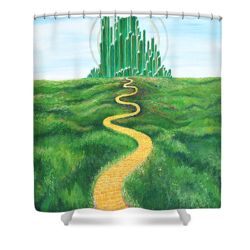Yellow Shower Curtain featuring the painting Goodbye Yellow Brick Road by Meganne Peck