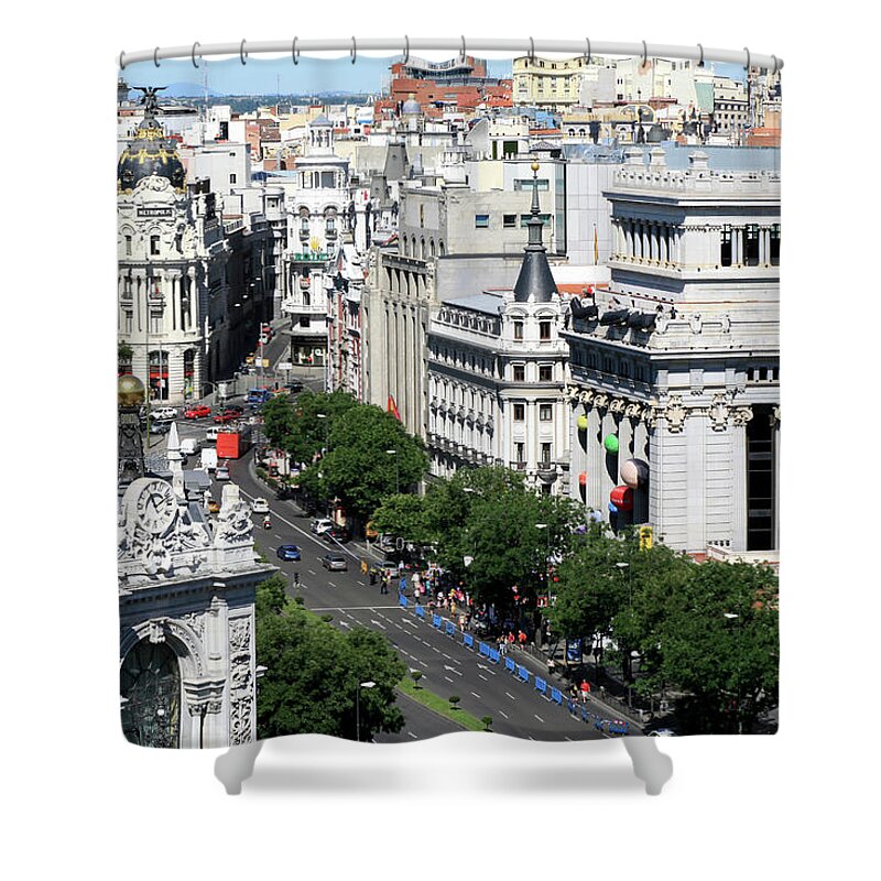 Downtown District Shower Curtain featuring the photograph Gran Via, Metropolis Building, Madrid by Hisham Ibrahim