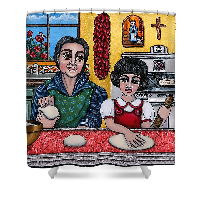 Hispanic Artists Shower Curtain featuring the painting Grandma Kate by Victoria De Almeida