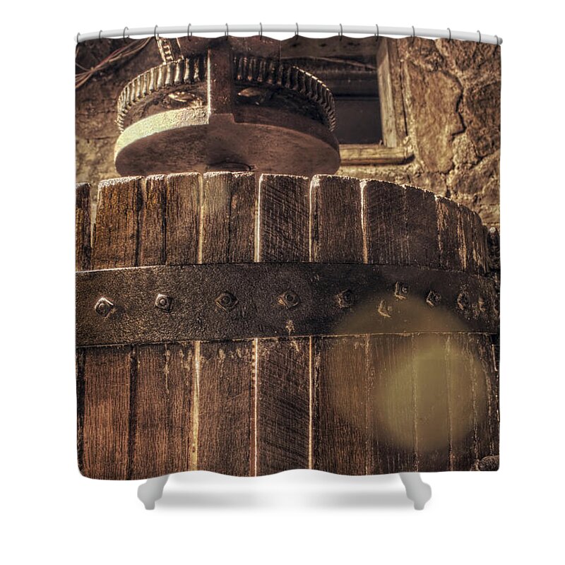 Wine Press Shower Curtain featuring the photograph Grape Press at Wiederkehr by Jason Politte