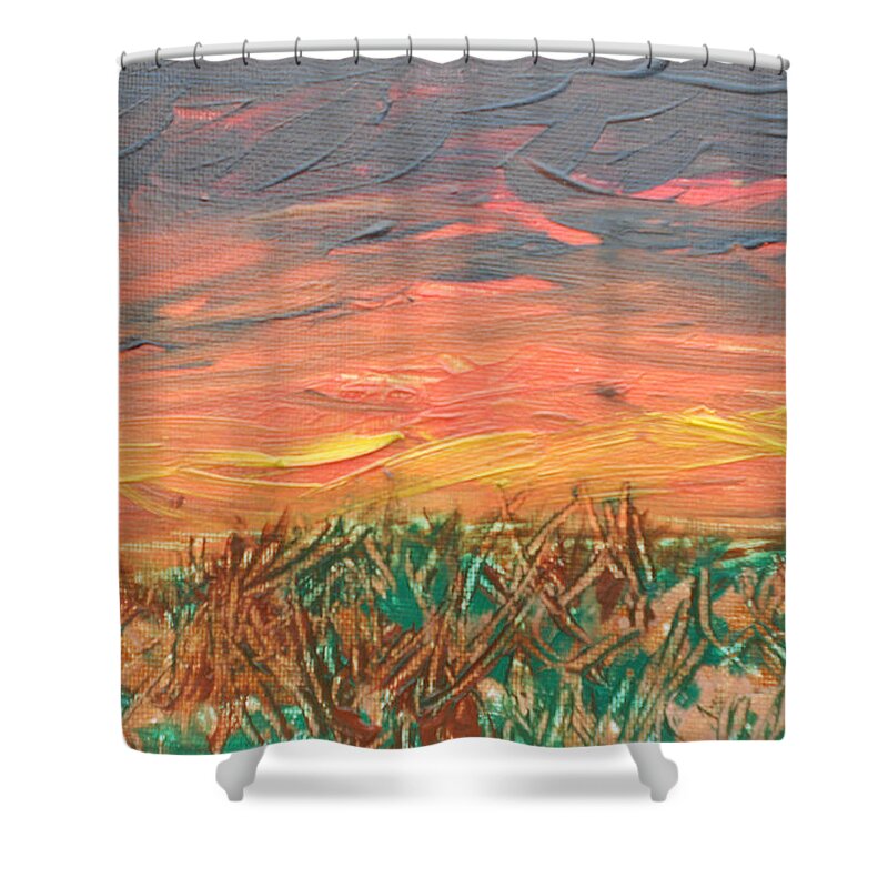 Sunset Shower Curtain featuring the painting Grassland Sunset by David Trotter