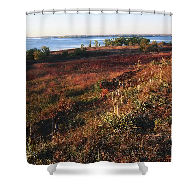 Tranquility Shower Curtain featuring the photograph Grasslands And Lake by John Elk