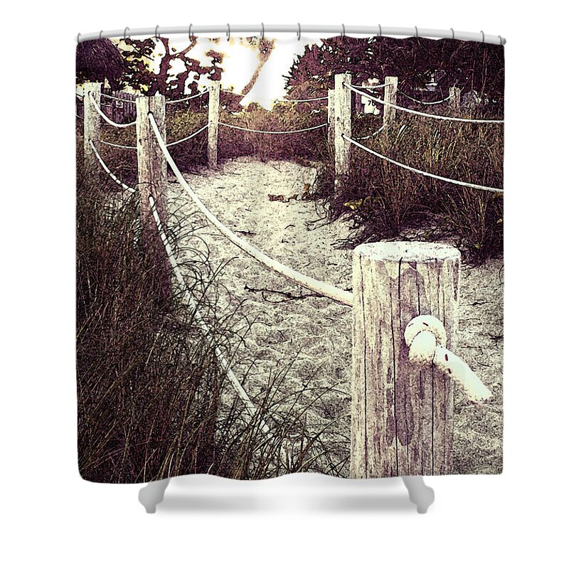 Deerfield Beach Shower Curtain featuring the photograph Grassy Beach Post Entrance at Sunset by Janis Lee Colon