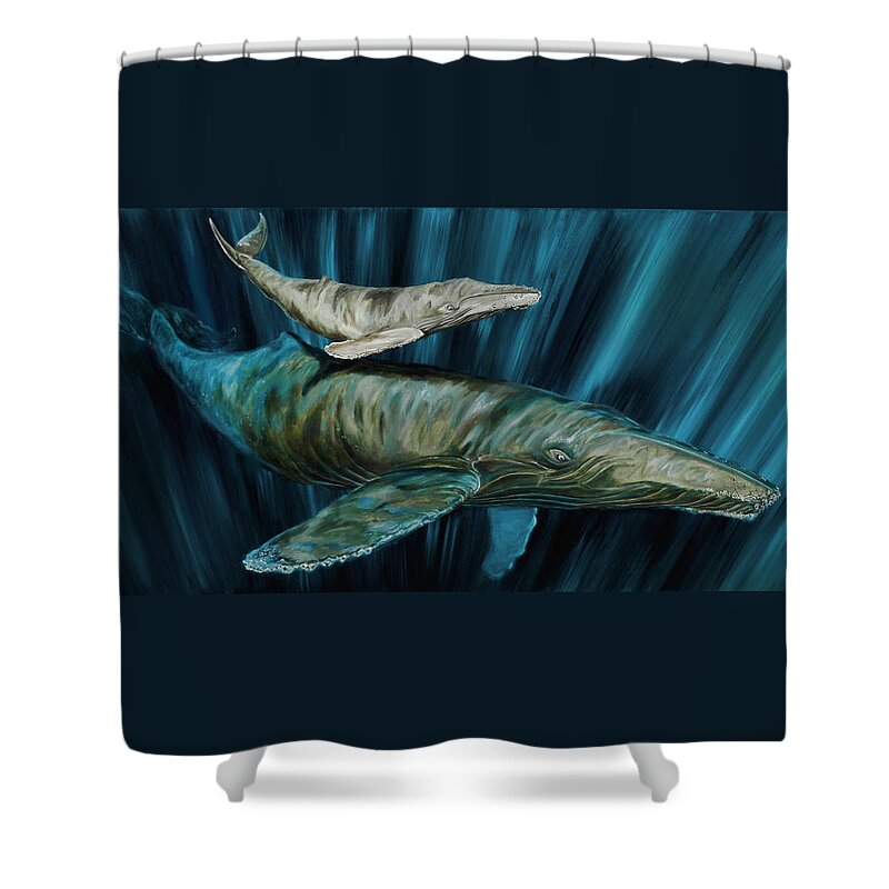 Whales Shower Curtain featuring the painting Graywhale Momma and calf by Steve Ozment