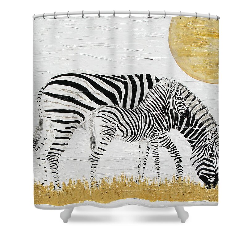 Zebra Shower Curtain featuring the painting Grazing Together by Stephanie Grant