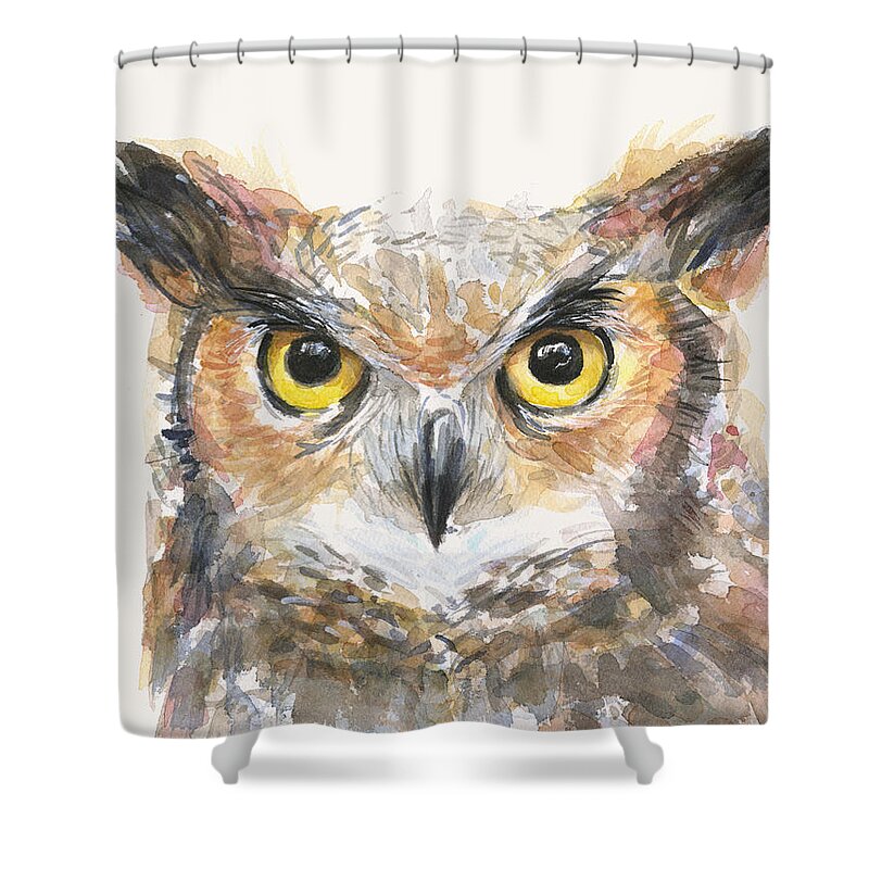 Owl Shower Curtain featuring the painting Great Horned Owl Watercolor by Olga Shvartsur