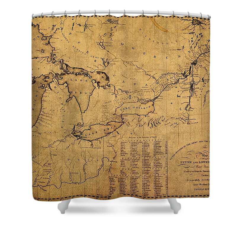 Great Lakes Shower Curtain featuring the mixed media Great Lakes and Canada Vintage Map on Worn Canvas Circa 1812 by Design Turnpike