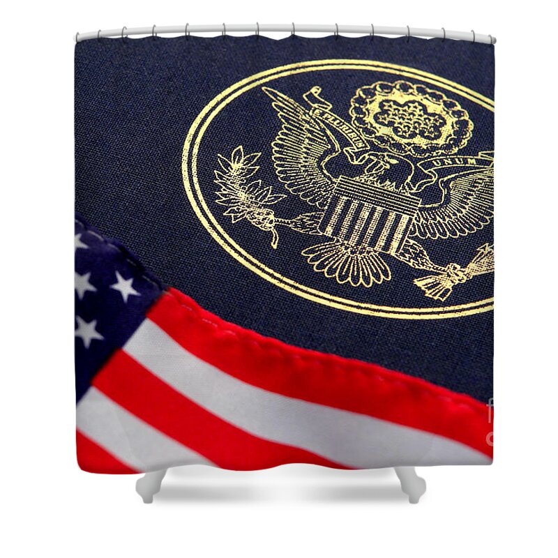 Flag Shower Curtain featuring the photograph Great Seal of the United States and American Flag by Olivier Le Queinec