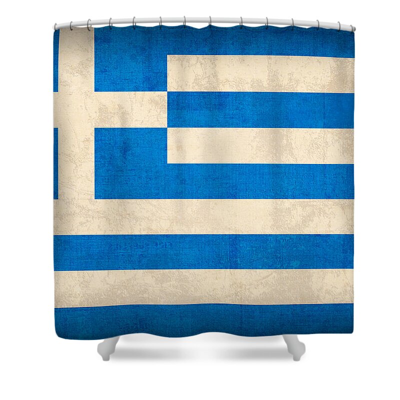 Greece Greek Athen Hellenic Ruins Acropolis Flag Vintage Distressed Finish Shower Curtain featuring the mixed media Greece Flag Vintage Distressed Finish by Design Turnpike