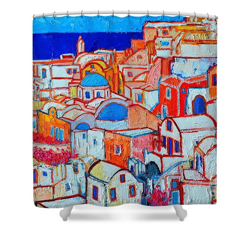 Santorini Shower Curtain featuring the painting Greece - Santorini Island - Oia Colorful Geometric by Ana Maria Edulescu