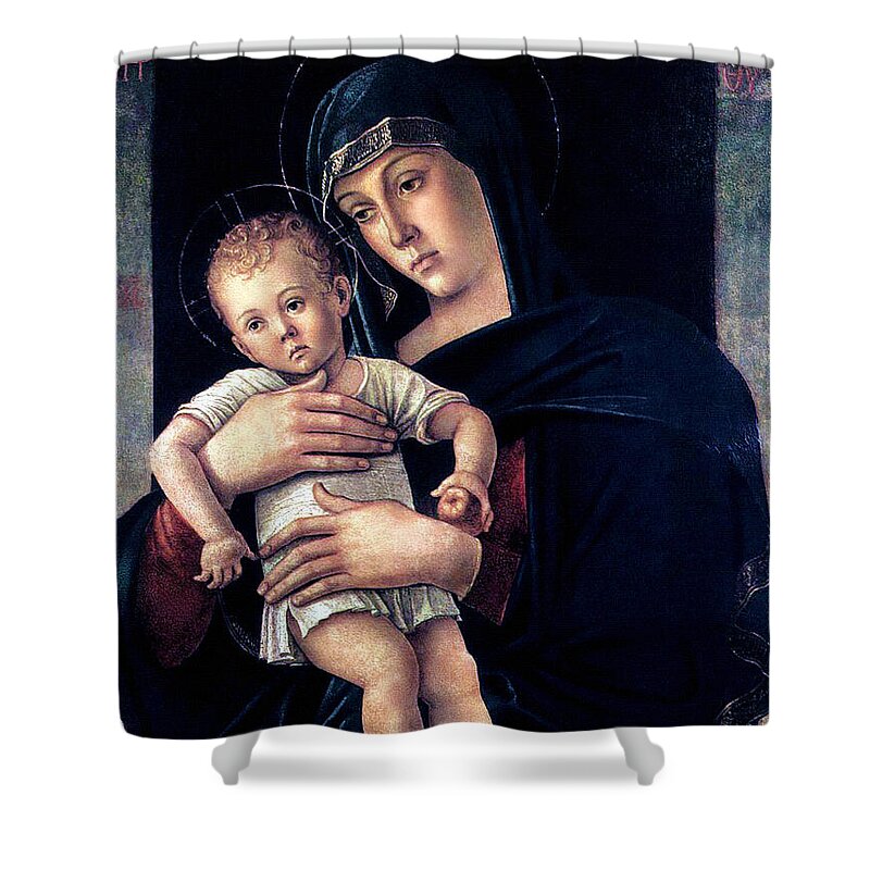 Greek Madonna Shower Curtain featuring the painting Greek Madonna With Child 1464 Giovanni Bellini by Karon Melillo DeVega