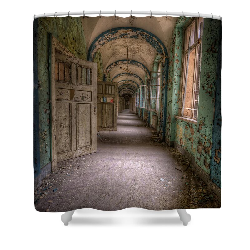 Urbex Shower Curtain featuring the digital art Green and blue by Nathan Wright