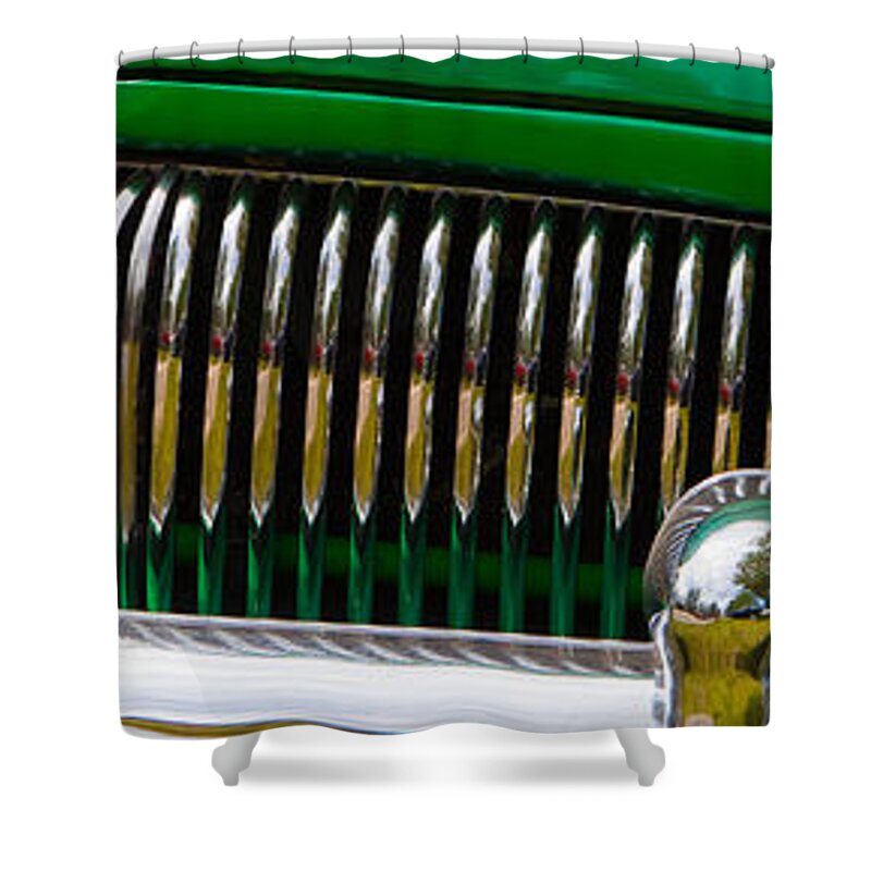 Custom Car Show Shine Classic Shower Curtain featuring the photograph Green and chrome teeth by Mick Flynn
