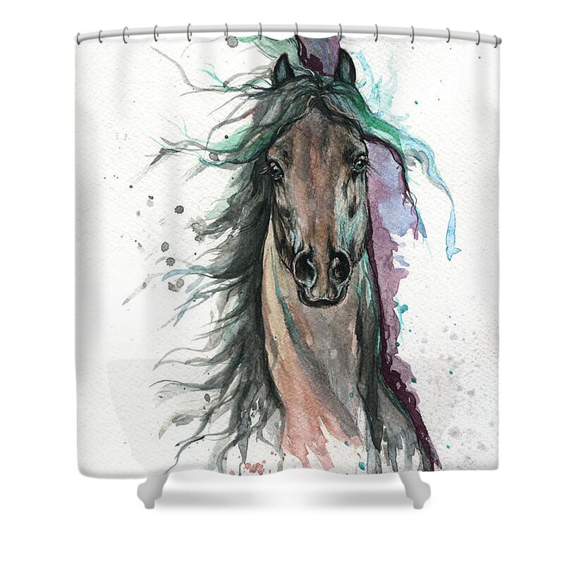 Horse Shower Curtain featuring the painting Green And Purple by Ang El
