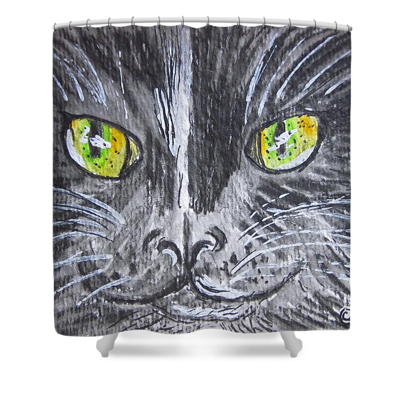 Green Eyes Shower Curtain featuring the painting Green Eyes Black Cat by Kathy Marrs Chandler
