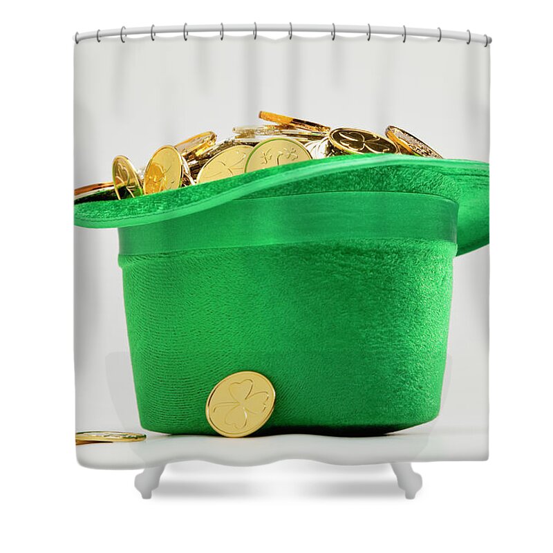 Coin Shower Curtain featuring the photograph Green Hat Filled With Golden Coins by Vstock Llc