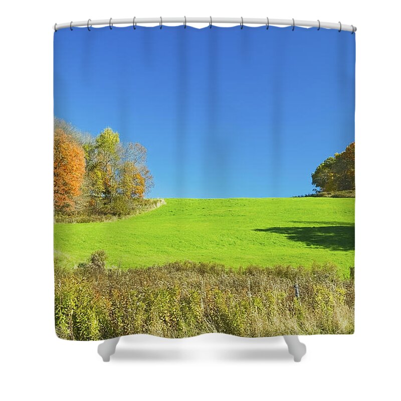 Field Shower Curtain featuring the photograph Green Hay Field And Autumn Trees In Maine by Keith Webber Jr