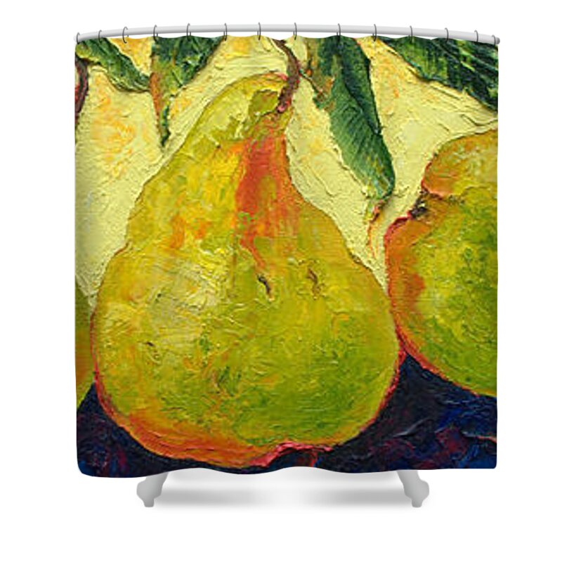 Pear Shower Curtain featuring the painting Green Pears in a Line by Paris Wyatt Llanso