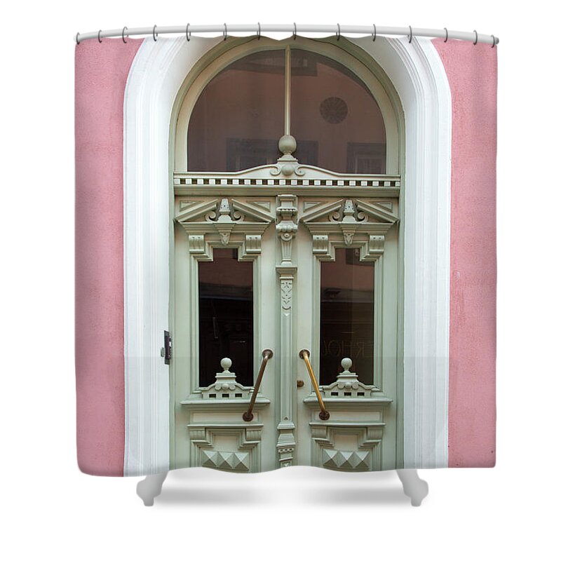 Rectangle Shower Curtain featuring the photograph Green Wooden Door With Decoration In by Kapukdodds