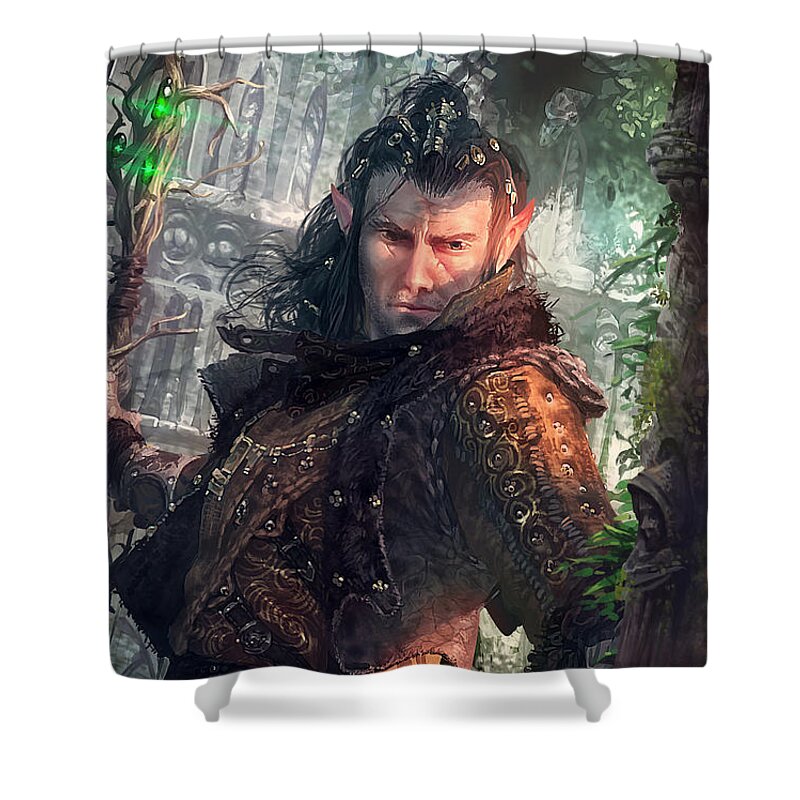 Magic The Gathering Shower Curtain featuring the digital art Greenside Watcher by Ryan Barger
