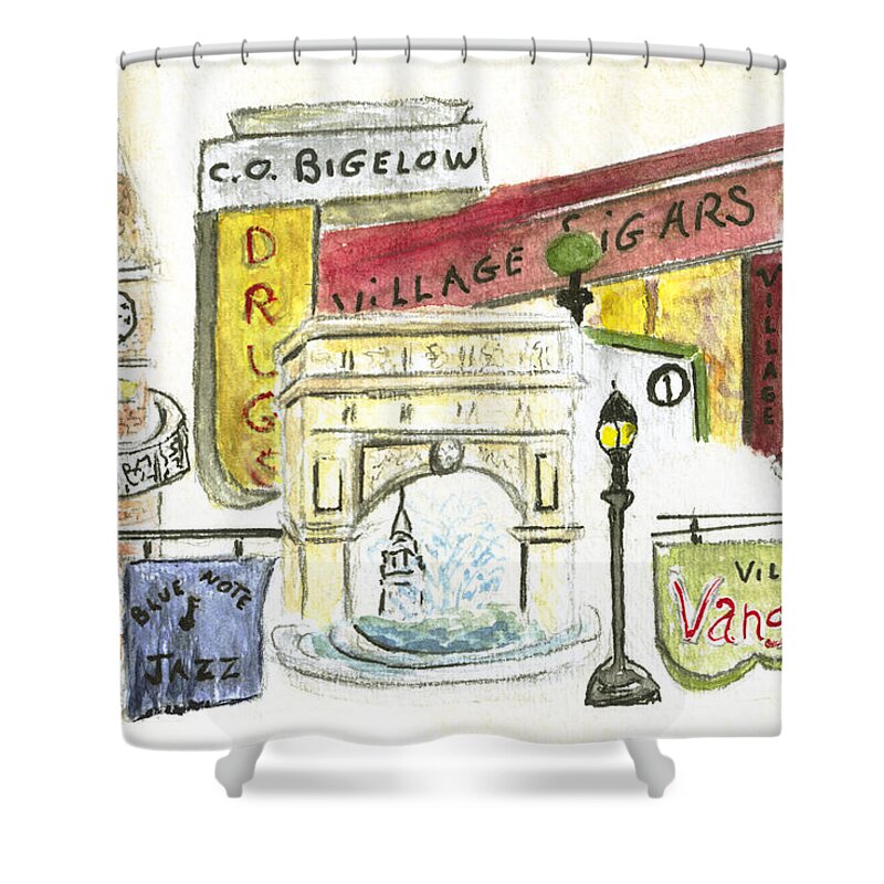 Greenwich Village Collage C.o. Bigelow Vanguard Village Cigar Jefferson Market Library Blue Note Nyc Shower Curtain featuring the painting Greenwich Village Collage by AFineLyne
