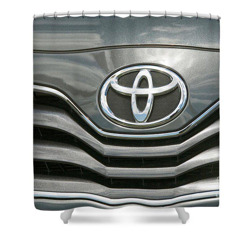 Grey Toyota Grill Headlight Cars Shower Curtain featuring the photograph Grey Toyota Grill and Emblem Smile by David Zanzinger