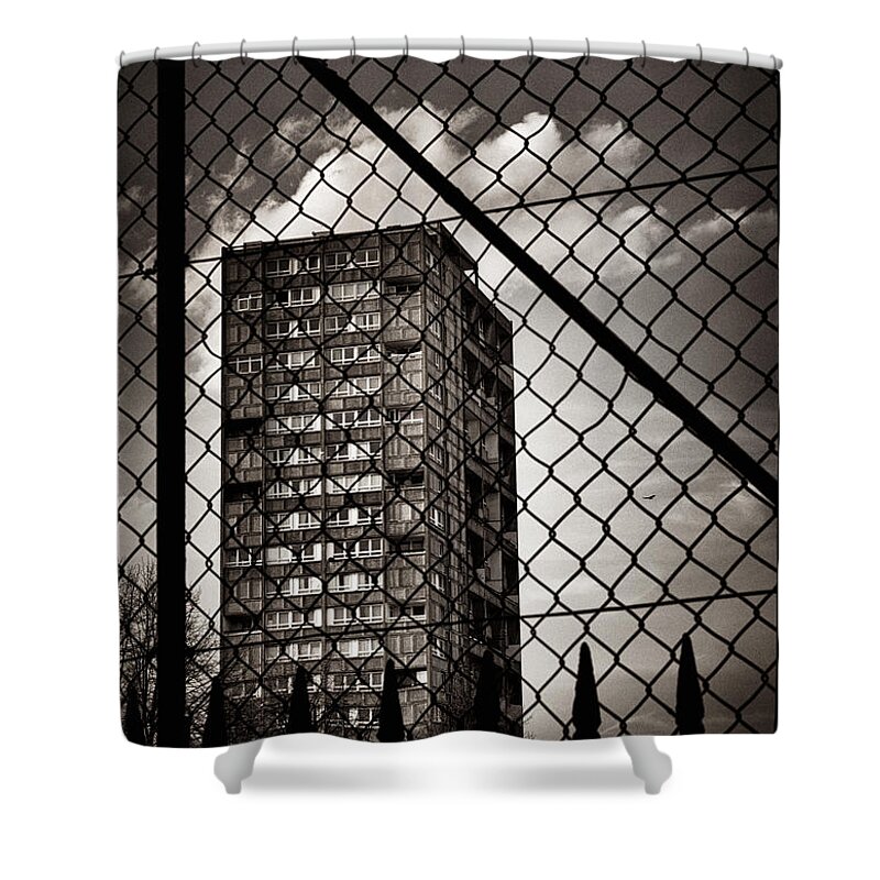City Shower Curtain featuring the photograph Gritty London Tower Block and Fence - East End London by Lenny Carter