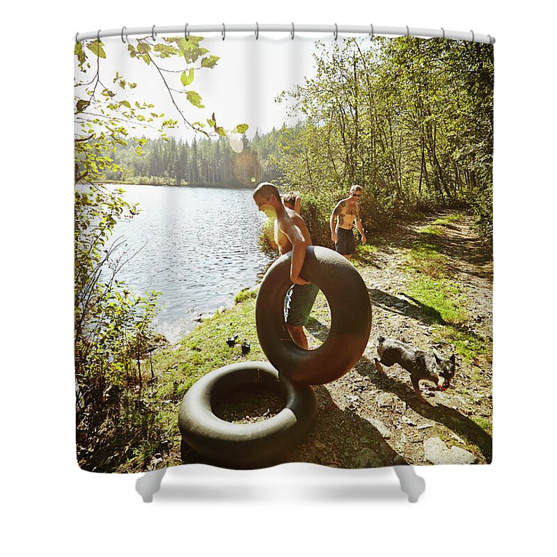 Pets Shower Curtain featuring the photograph Group Of Friends With Dog Standing On by Thomas Barwick