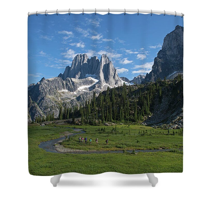 Tranquility Shower Curtain featuring the photograph Group Of Women Hiking Together Through by Topher Donahue