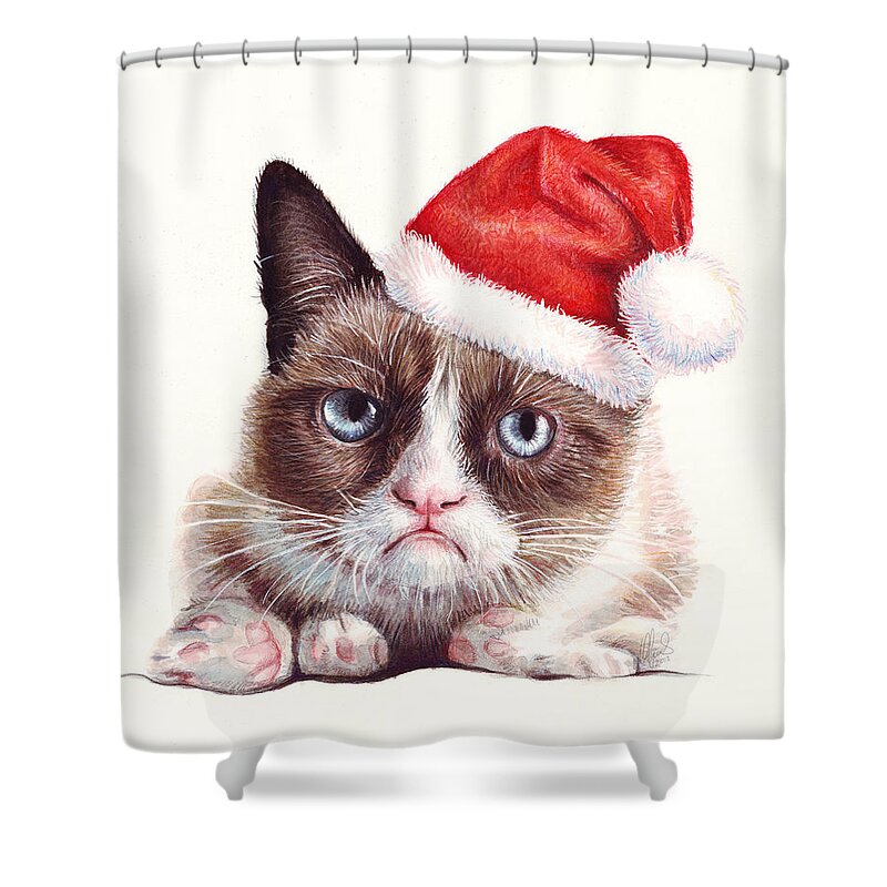 Grumpy Shower Curtain featuring the painting Grumpy Cat as Santa by Olga Shvartsur