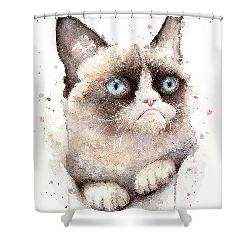 Grumpy Shower Curtain featuring the painting Grumpy Cat Watercolor by Olga Shvartsur
