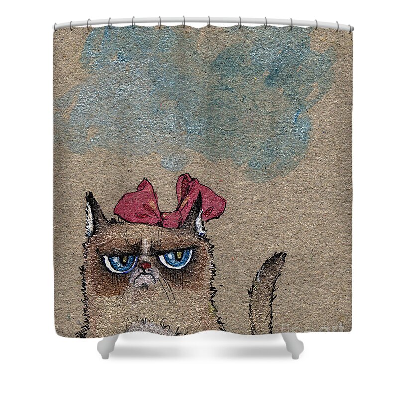 Cat Shower Curtain featuring the painting Grumpy Cat With Red Ribbon by Ang El