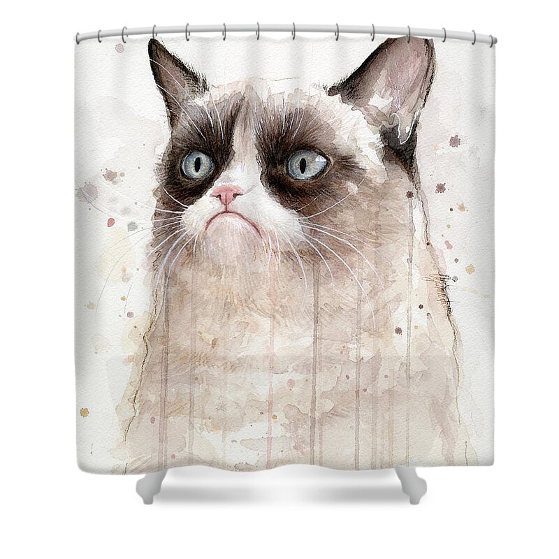 Grumpy Shower Curtain featuring the painting Grumpy Watercolor Cat by Olga Shvartsur