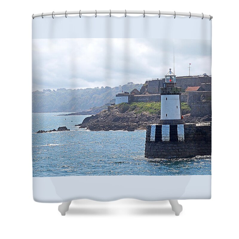 Coastal Scene Shower Curtain featuring the photograph Guernsey Lighthouse by Gill Billington