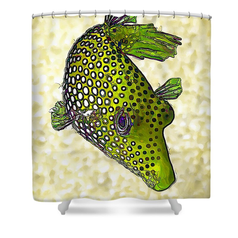 Nature Shower Curtain featuring the digital art Guinea Fowl Puffer Fish in Green by ABeautifulSky Photography by Bill Caldwell