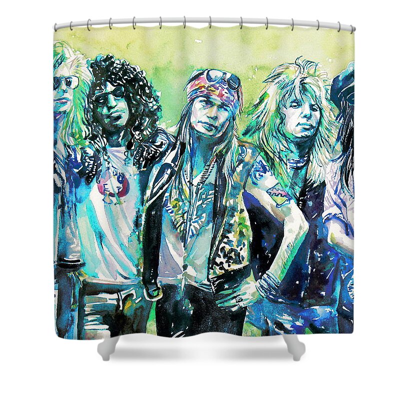 Guns Shower Curtain featuring the painting GUNS N' ROSES - watercolor portrait by Fabrizio Cassetta